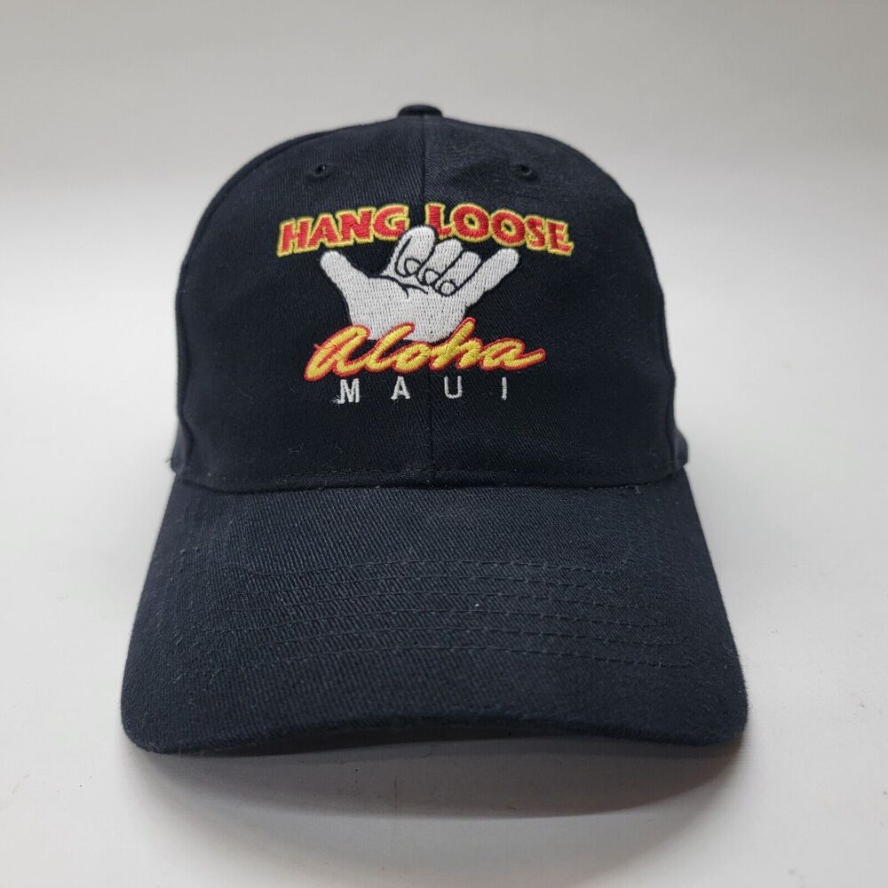 Maui Hang Loose Aloha Shaka Embroidered Black Strapback Hat by Hawaiian Headwear
